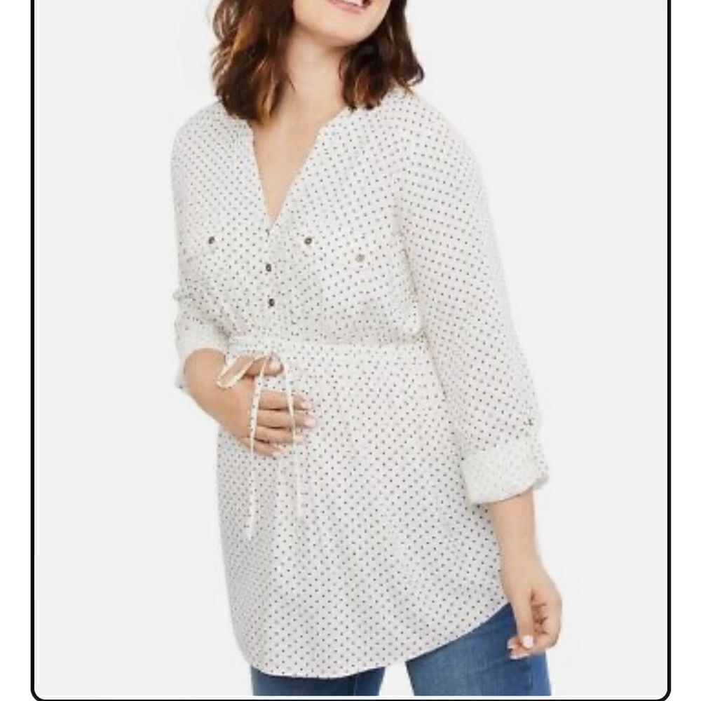 Motherhood Maternity Women's Polka-Dot Split-Neck Blouse, Beige, Size L